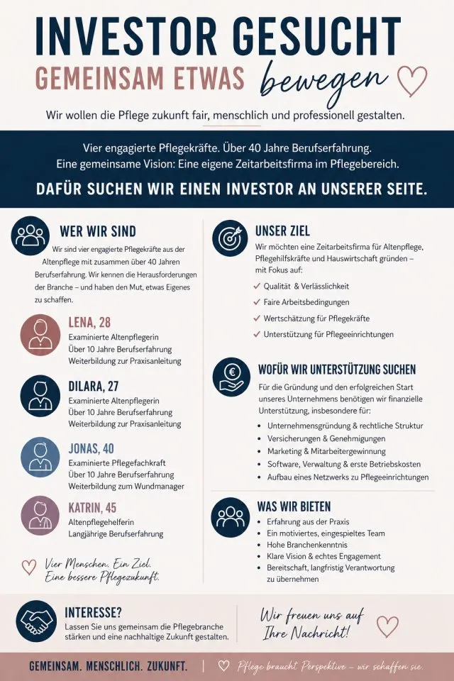 Vier Pflegeprofis suchen Investor für eigene Zeitarbeitsfirma